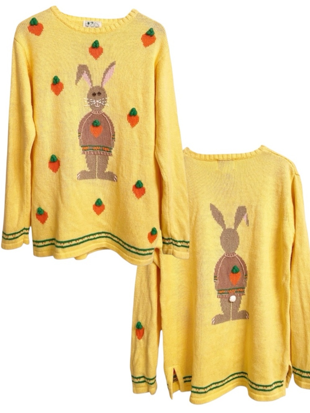 Vintage Quacker Factory Easter Bunny Rabbit Carrot Yellow Orange Sweater Medium